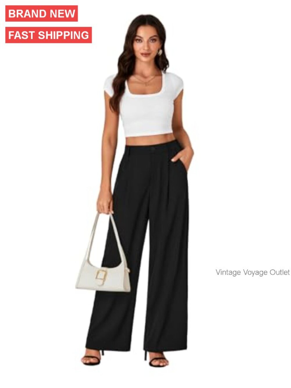 Wide Leg Work Pants High Waist Elastic Business Trousers Polyester Stretch - Picture 6 of 7